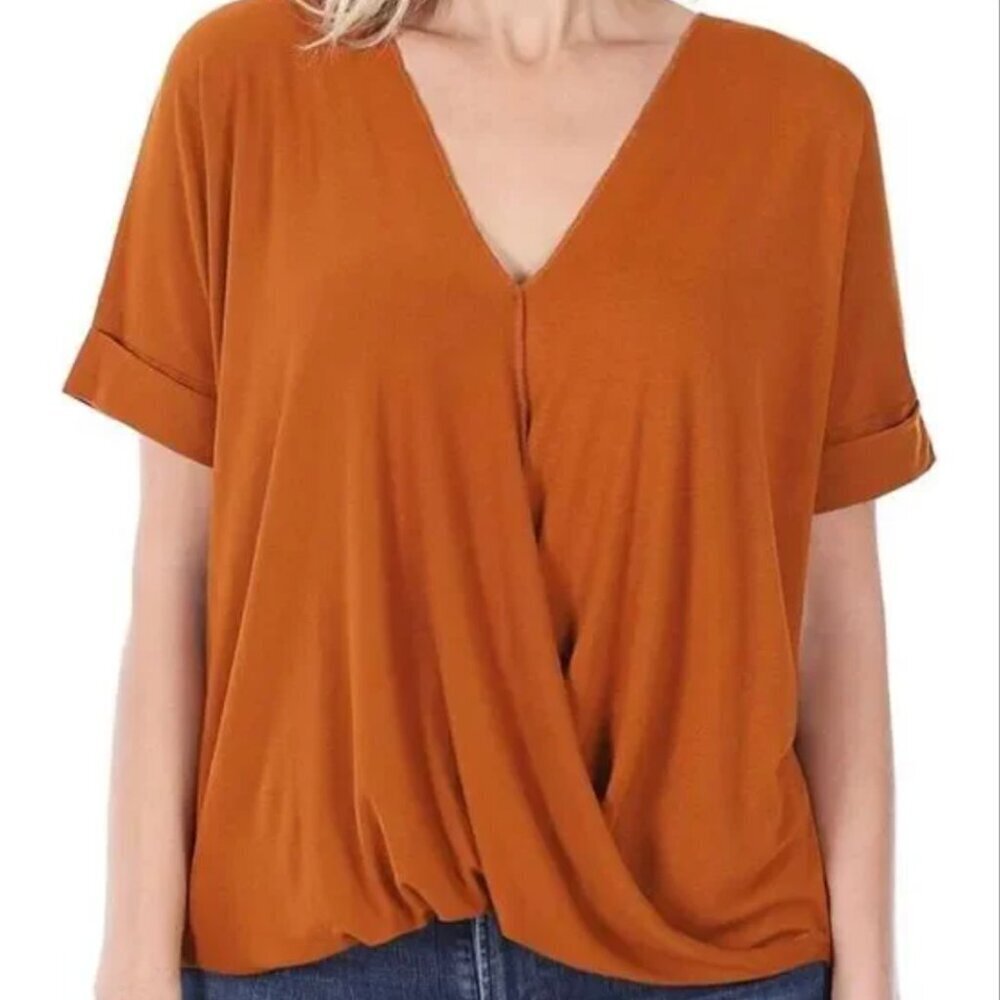 Zenana Rust‎ colored T-shirt with draped front 2XL (A16)
